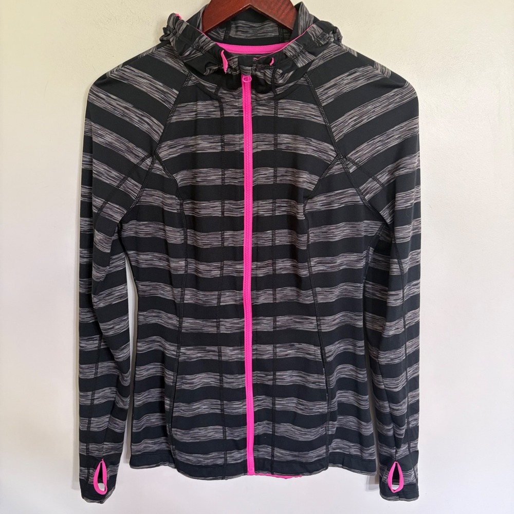 Lukka Womens Striped Full Zip Active Hoodie Pink Trim Thumbholes Black Grey S